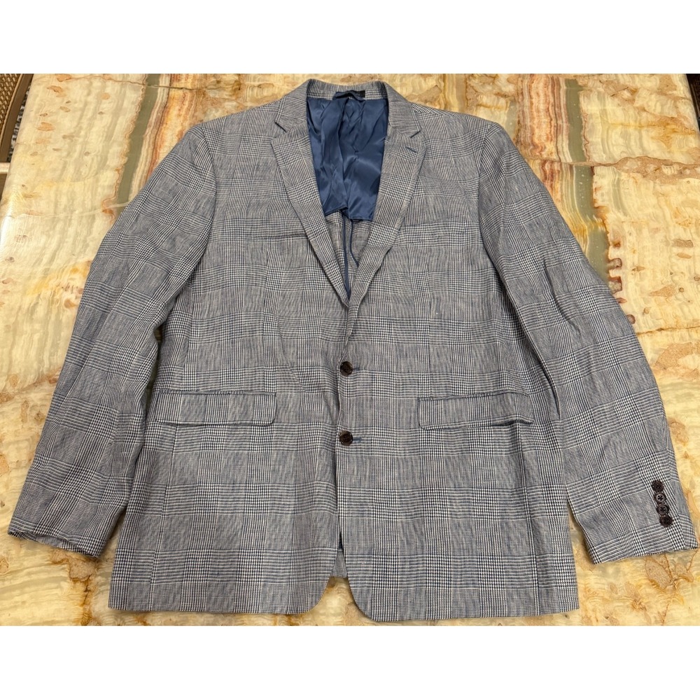 Lauren Ralph Lauren Blazer Mens Blue Plaid Linen Slim Fit Single Breasted 46L